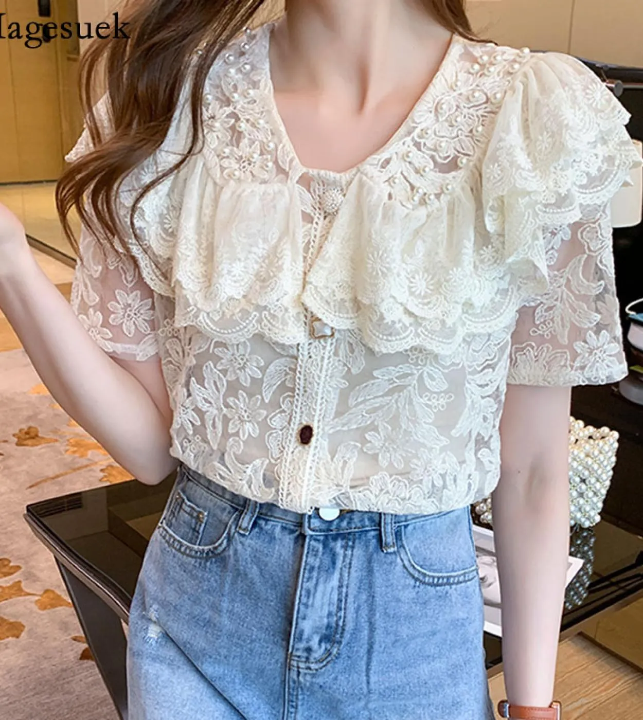 New Summer Lace Shirt Fashion Sweet Ruffle Stitching Women Tops New Transparent Embroidery Floral Bead Short Sleeve Blou