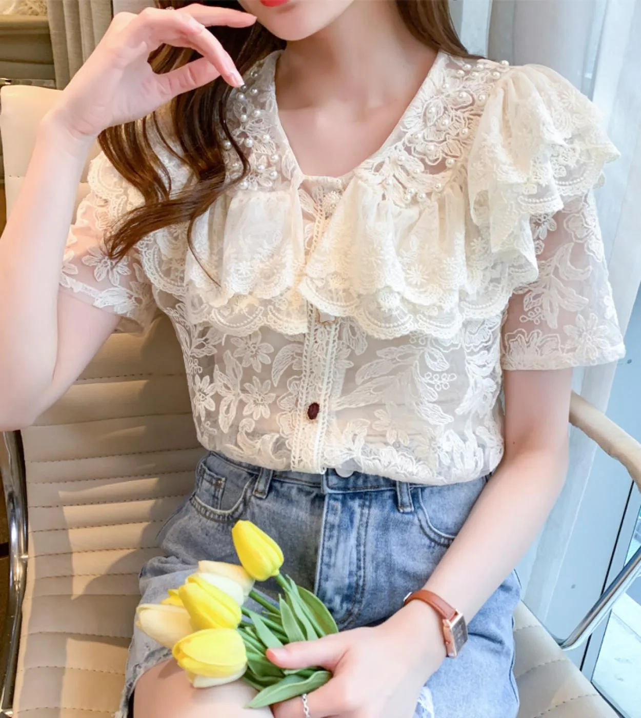 New Summer Lace Shirt Fashion Sweet Ruffle Stitching Women Tops New Transparent Embroidery Floral Bead Short Sleeve Blou