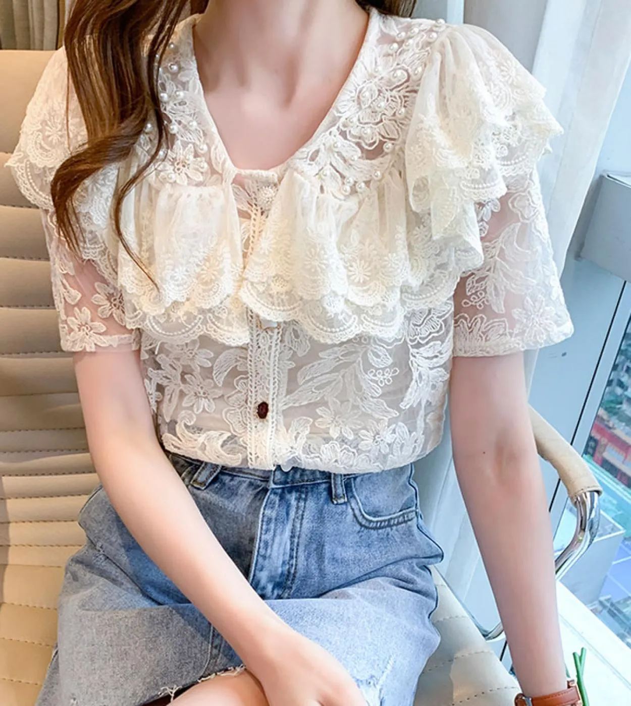 New Summer Lace Shirt Fashion Sweet Ruffle Stitching Women Tops New Transparent Embroidery Floral Bead Short Sleeve Blou