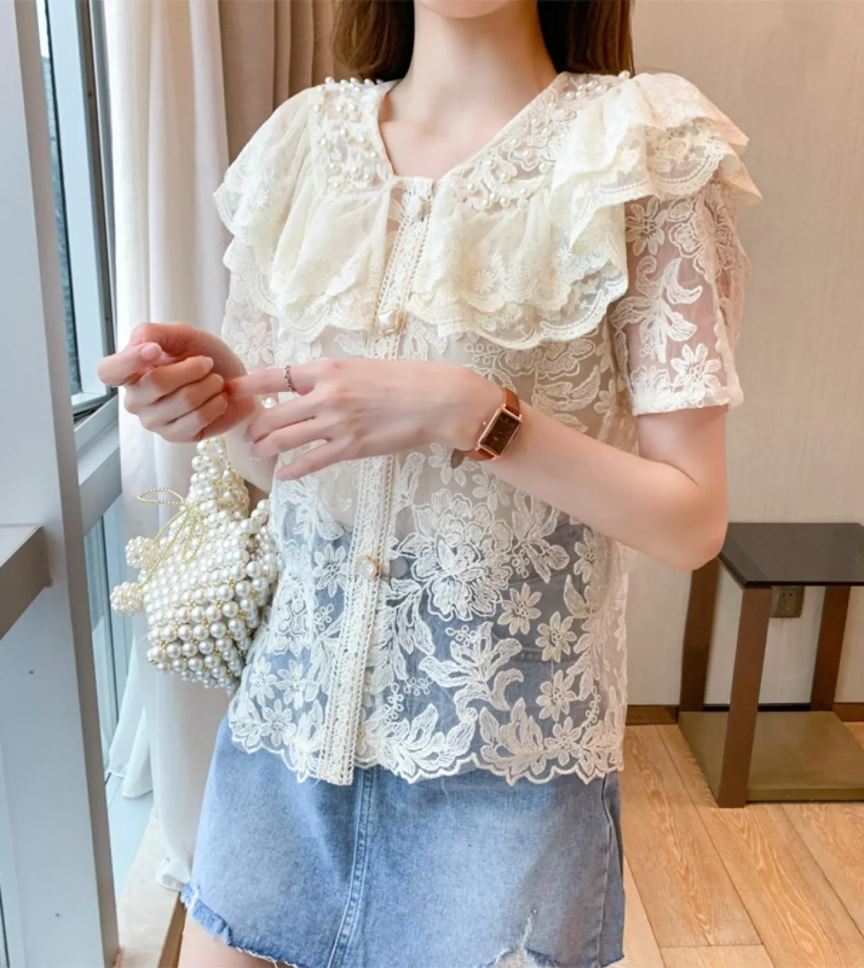 New Summer Lace Shirt Fashion Sweet Ruffle Stitching Women Tops New Transparent Embroidery Floral Bead Short Sleeve Blou