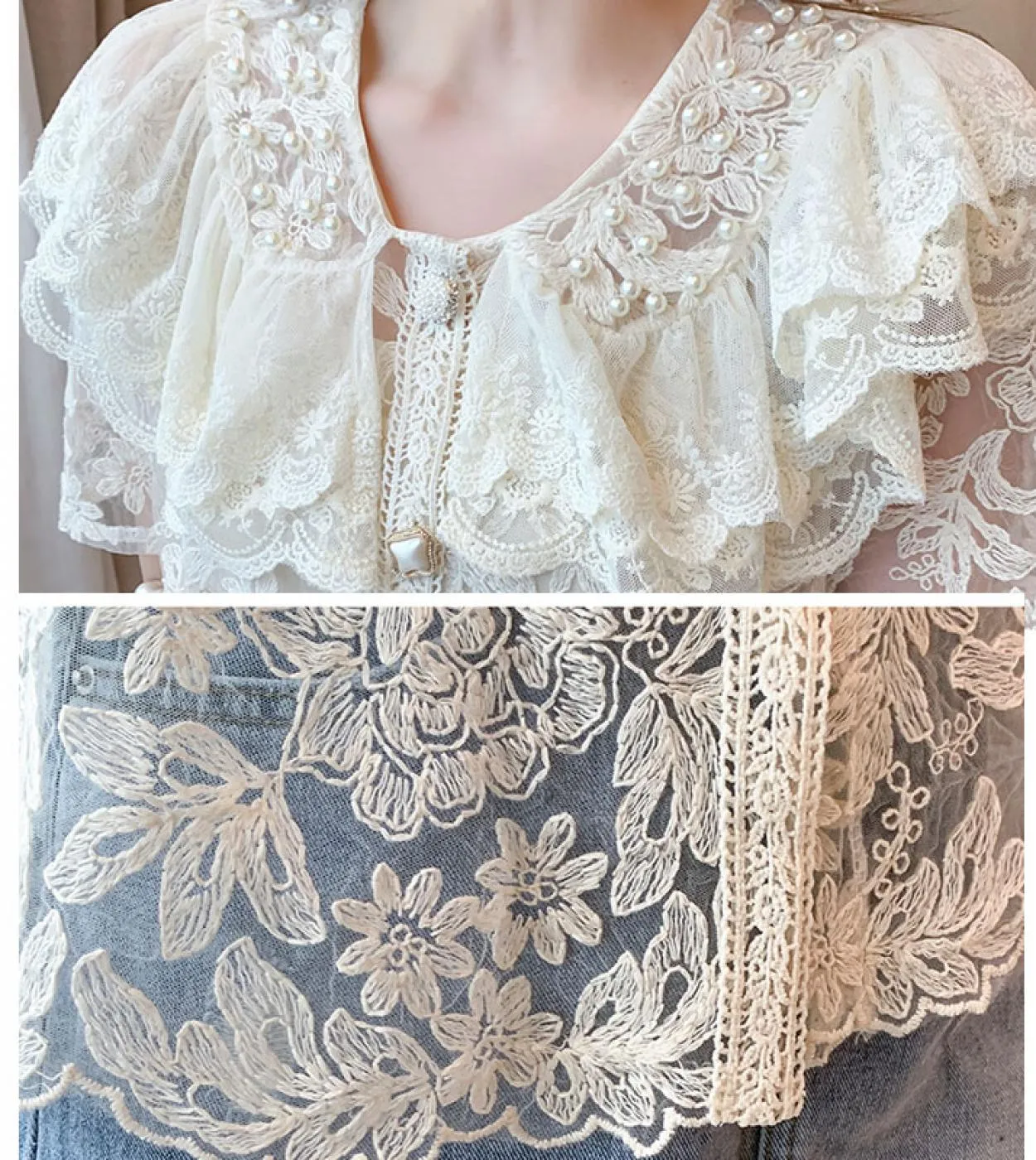 New Summer Lace Shirt Fashion Sweet Ruffle Stitching Women Tops New Transparent Embroidery Floral Bead Short Sleeve Blou