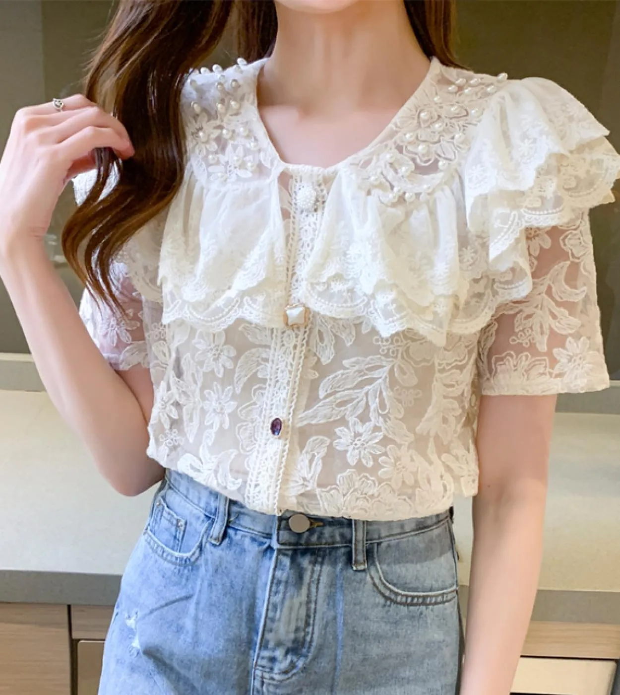 New Summer Lace Shirt Fashion Sweet Ruffle Stitching Women Tops New Transparent Embroidery Floral Bead Short Sleeve Blou